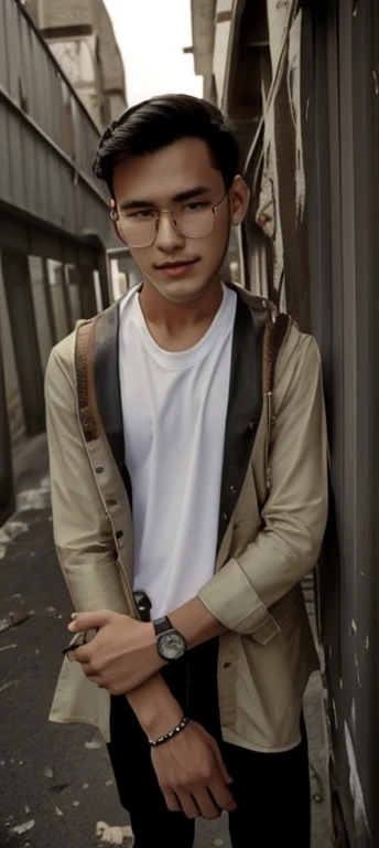 1 boy in, age19, Solo, Long hair, Colossal , Looking at Viewer, black hair, Bare shoulders, Black eyes, jewely, Full body, a necklace, off shoulders, Sweaters, Realistic, white t shirt red suit