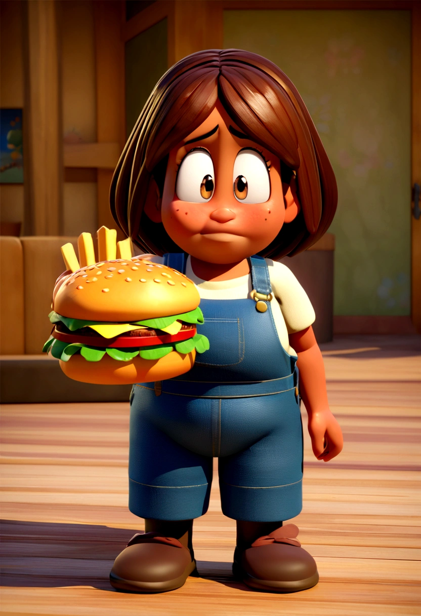Imagine a Pixar-style animated character/Disney, rendered in 3D with high definition. She is a brunette woman with brown hair, dark skin and a little overweight. Your face has some pimples, and your facial expression conveys sadness, with eyes watering slightly. She is standing full length, holding a hamburger in one hand and fries in the other. The overall aesthetic is that of a cartoon character, with smooth lines and details characteristic of Pixar and Disney animations.