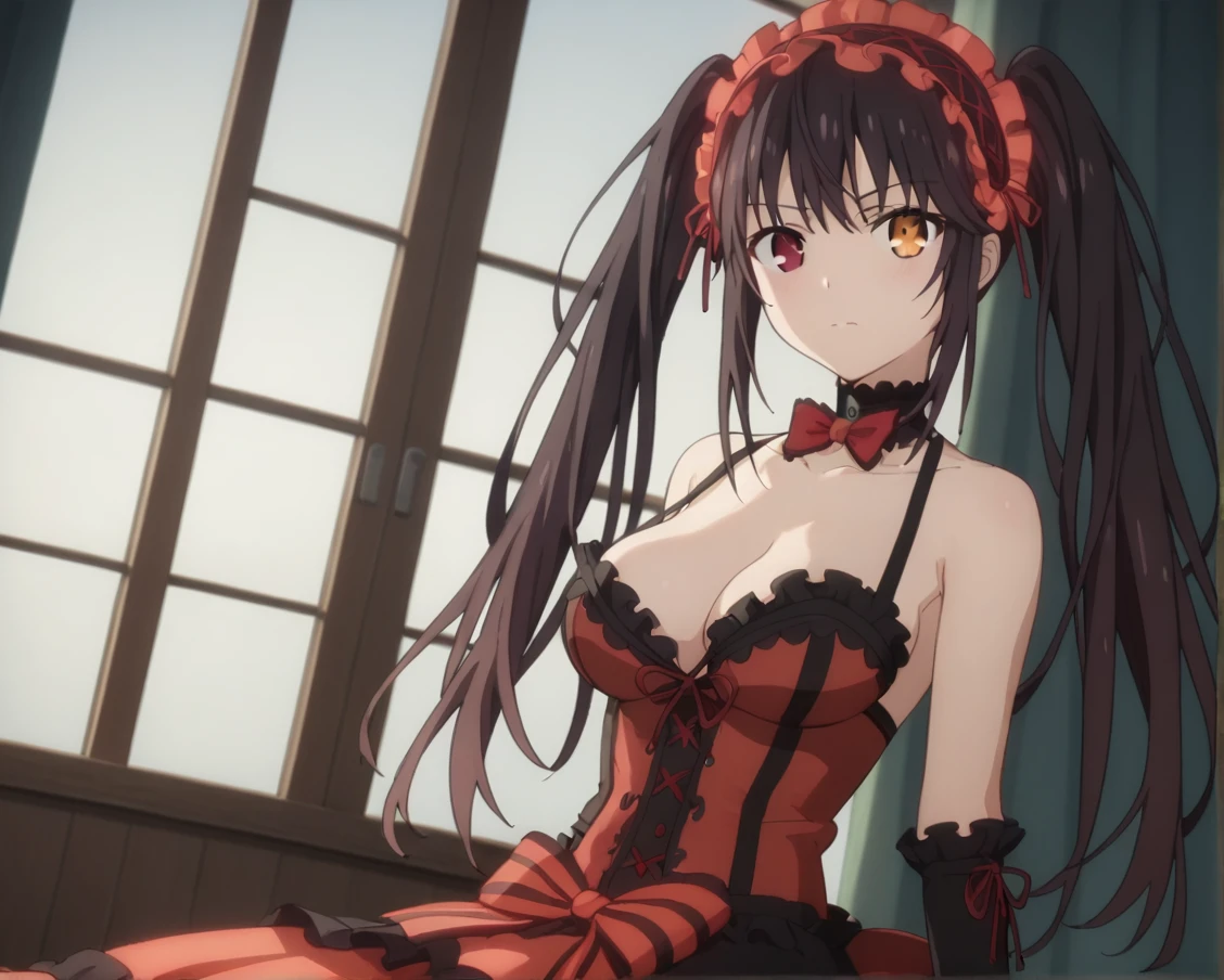 kurumi tokisaki, black hair, red eyes, long hair, twintails, yellow eyes, hairband, heterochromia, dress unbuttoned, red dress unbuttoned, bare shoulders, collarbone, choker, bowtie, red bowtie, detached sleeves, corset unbuttoned, frills, cleavage unbuttoned,sitting,legs open, looking at viewer, cowboy shot, dutch angle,showing naked breasts, medium large breasts, showing naked breasts ,(cowboy photo: 1.5)