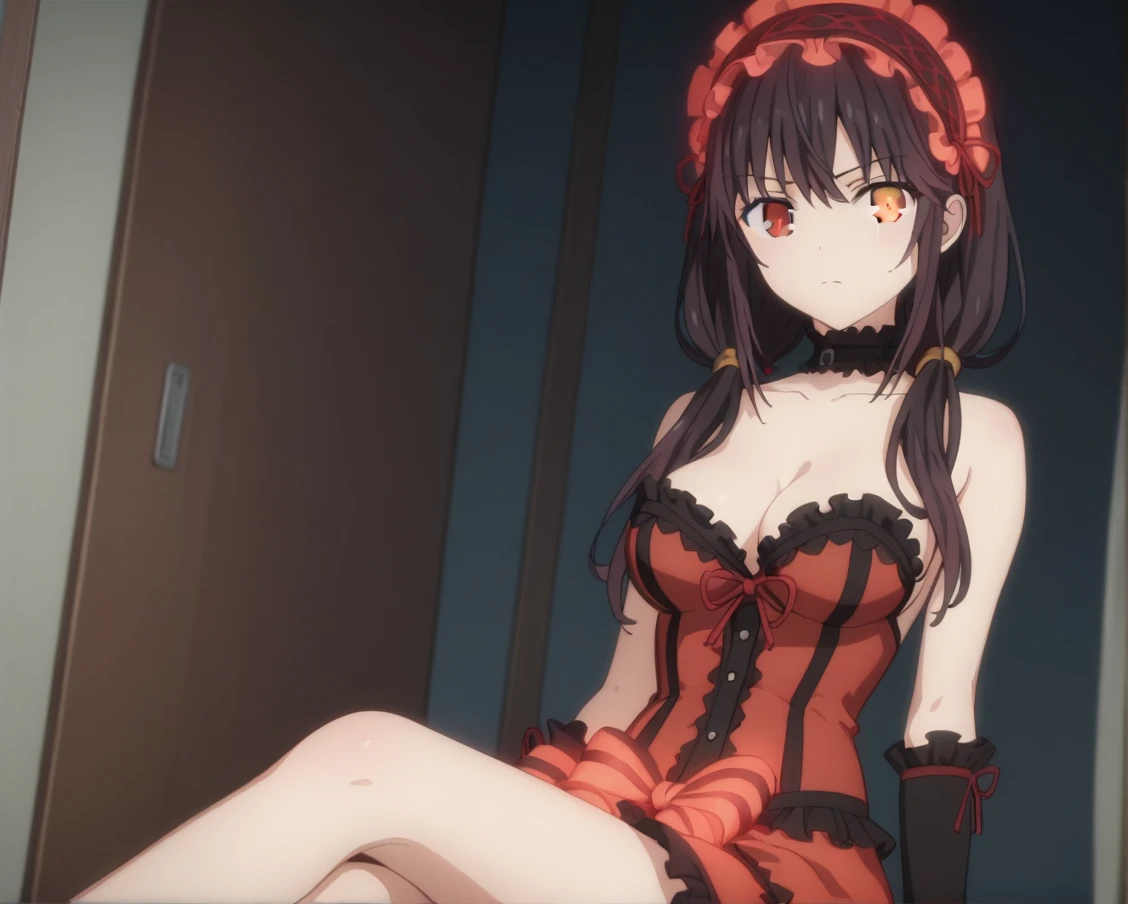kurumi tokisaki, black hair, red eyes, long hair, twintails, yellow eyes, hairband, heterochromia, dress unbuttoned, red dress unbuttoned, bare shoulders, collarbone, choker, bowtie, red bowtie, detached sleeves, corset unbuttoned, frills, cleavage unbuttoned,sitting,legs open, looking at viewer, cowboy shot, dutch angle,showing naked breasts, medium large breasts, showing naked breasts ,loli(cowboy photo: 1.5)