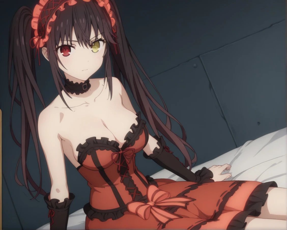 kurumi tokisaki, black hair, red eyes, long hair, twintails, yellow eyes, hairband, heterochromia, dress unbuttoned, red dress unbuttoned, bare shoulders, collarbone, choker, bowtie, red bowtie, detached sleeves, corset unbuttoned, frills, cleavage unbuttoned,sitting,legs open, looking at viewer, cowboy shot, dutch angle,showing naked breasts, medium large breasts, showing naked breasts ,li(cowboy photo: 1.5)