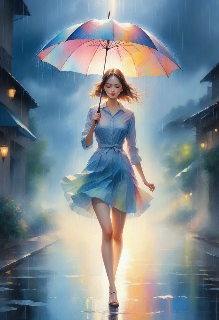 score_9, score_8_up, score_7_up, score_6_up, score_5_up, score_4_up, fusion of watercolor and oil painting, 2.5D, extremely detailed, delicate, flashy and dynamic depiction, beautiful woman holding umbrella and having fun, like a scene from a movie, Iridescent rain pouring down, water splashing, sunlight spilling through the gaps in the clouds, sparkling effects