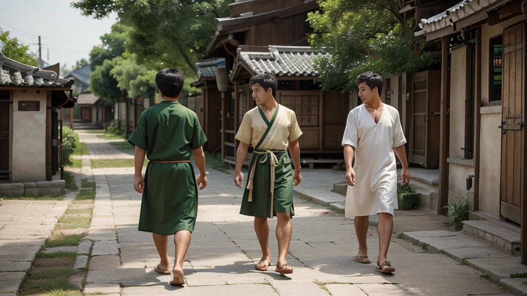 Show two male friends engaging in daily activities together, perhaps helping each other or sharing moments of joy. High quality animation and gree natur village look in background. Asian village boy dress must