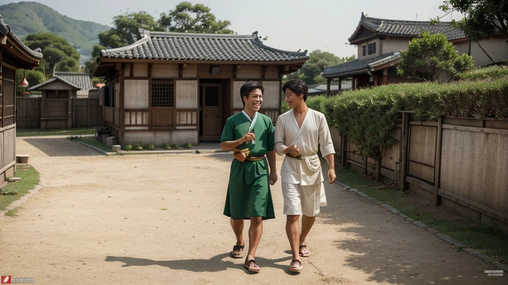 Show two male friends engaging in daily activities together, perhaps helping each other or sharing moments of joy. High quality animation and gree natur village look in background. Asian village boy dress must