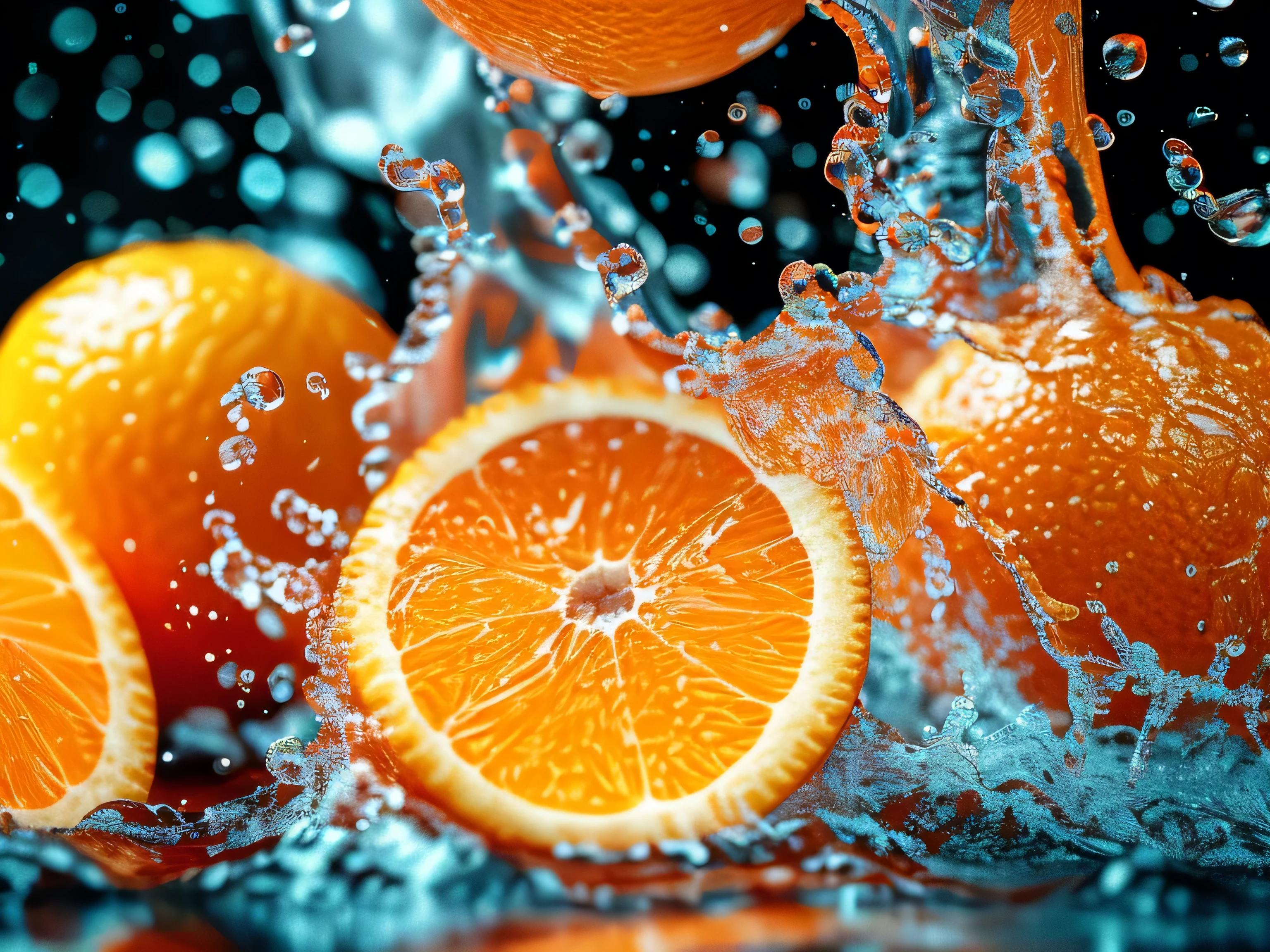 Real photography of 3 oranges falling into water and splashing with water droplets. Commercial advertising style, macro shot, background, warm lighting, cool colors creating splash effect. The cherry is dotted with white light spots, and the cherry falls from above, forming a splashing liquid water ball. HD photography quality.