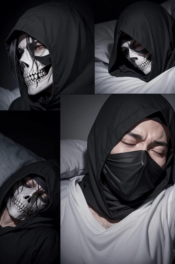 A horror manga image, a figure (on the right) hooded in black with a skull mask sleeping in a dark room at night next to another figure (to the left) with bandana with skull teeth in his mouth sleeping together.