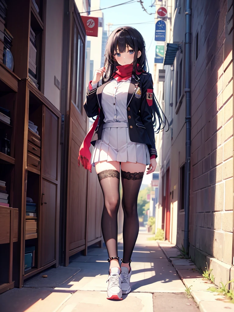 1girl,,legwear,,anklet,black hair,straight_hair,hime cut,long hair,sneakers,huge filesize,scarf，Uniforms，lace,student， breasts，Jacket
