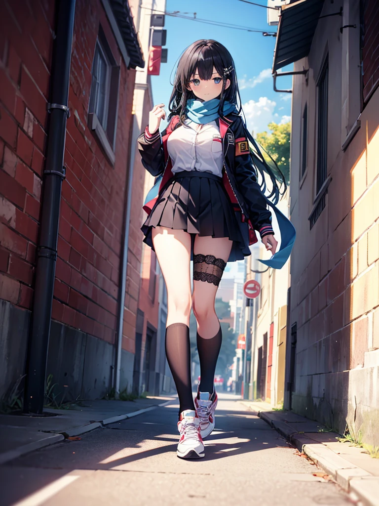 1girl,,legwear,,anklet,black hair,straight_hair,hime cut,long hair,sneakers,huge filesize,scarf，Uniforms，lace,student， breasts，Jacket