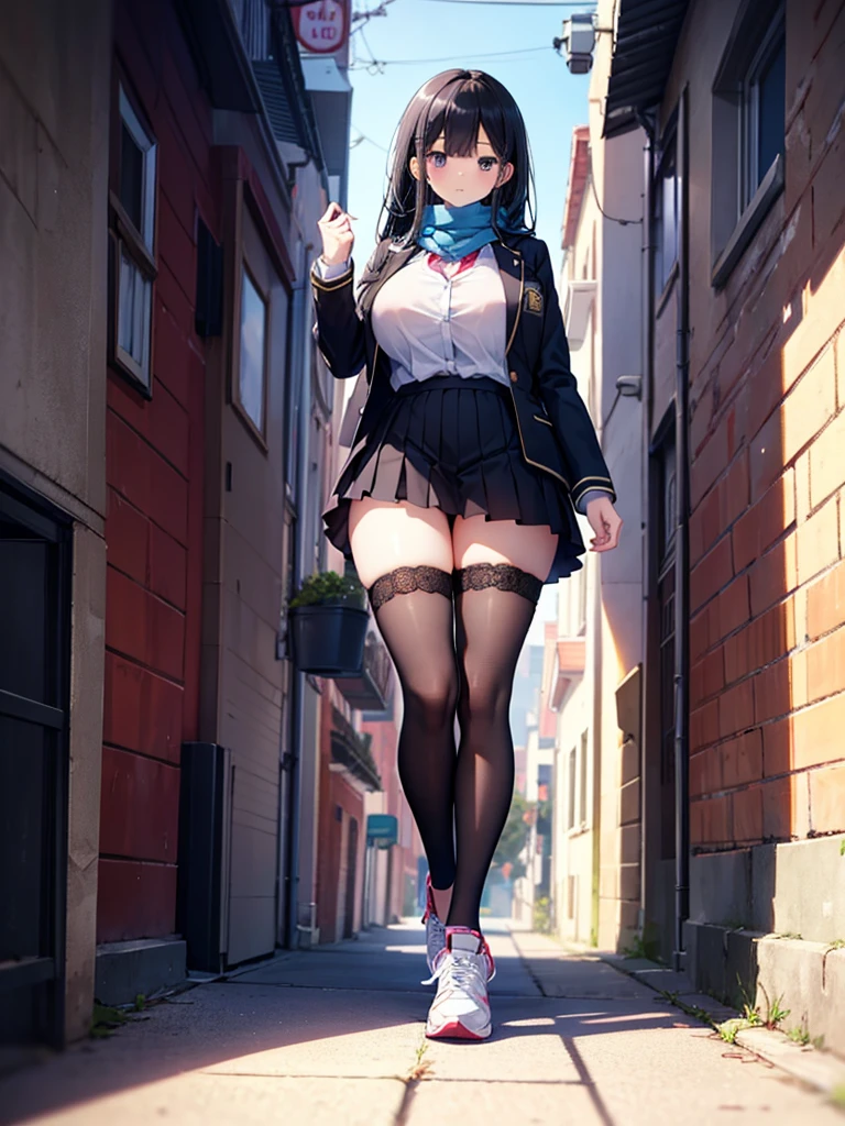 1girl,,legwear,,anklet,black hair,straight_hair,hime cut,long hair,sneakers,huge filesize,scarf,Uniforms,lace,student, breasts,Jacket