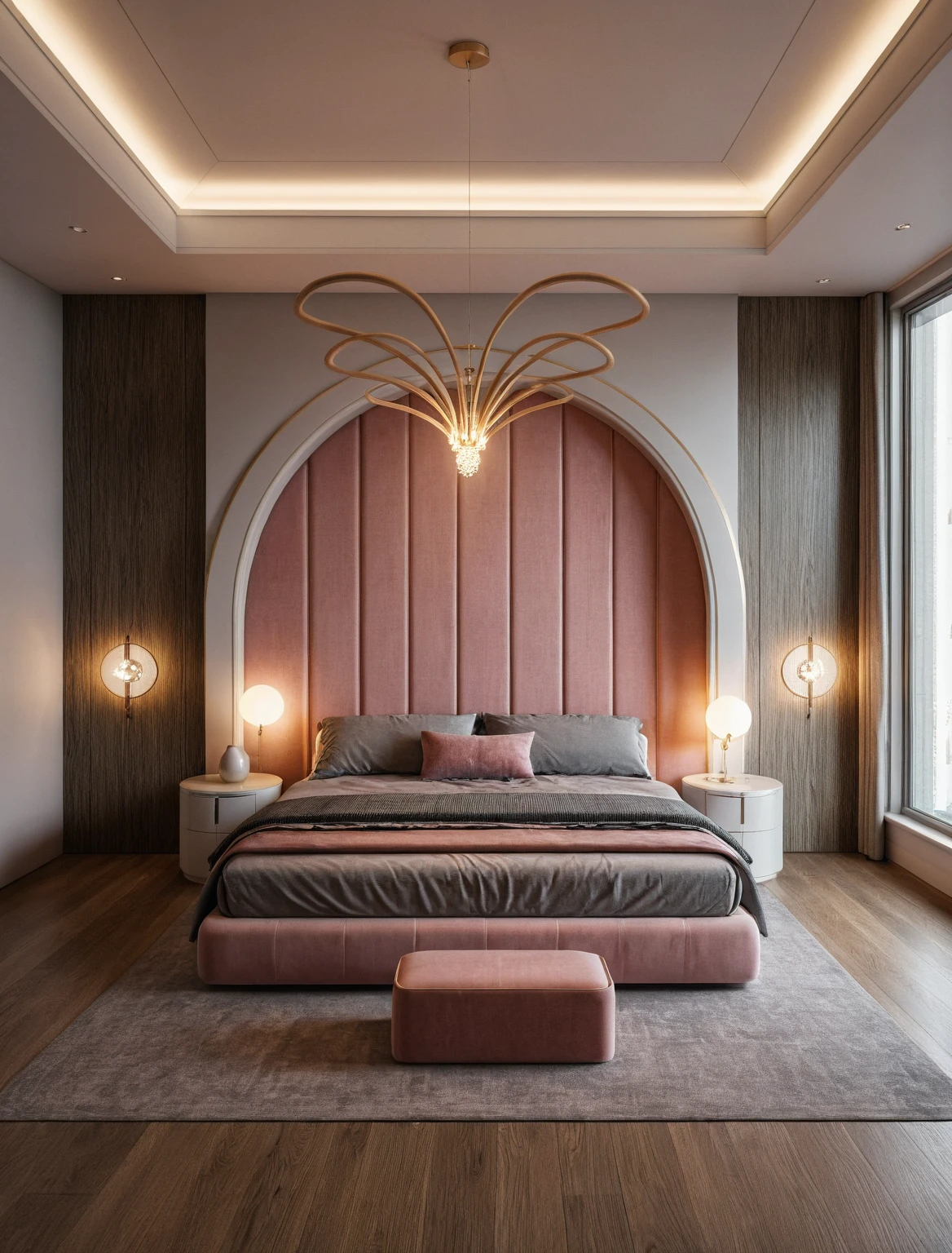 Raw photo,Masterpiece, high quality, best quality, authentic, super detail, interior, ((girl's bedroom)), ( style modern luxury), sunset, day light, bed, carpet, curves, bedside cabinets, wood floor, table lamps, butterfly chandelier , windows, downlight, black and pink tones