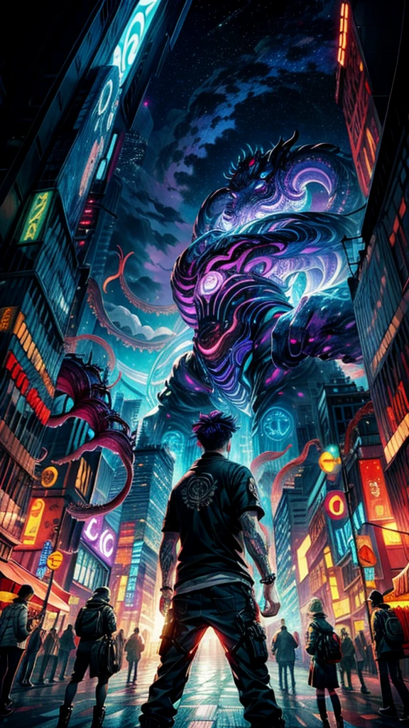 Tattos, A titanic cosmic beast with tentacles hovers above a gleaming metropolis, illuminated by the dazzling panel lights of skyscrapers. The city's inhabitants look up in alarm, while a brave teenage rapper stands defiantly, ready to battle the enormous monster. Cinematic, intense, colorful, futuristic
