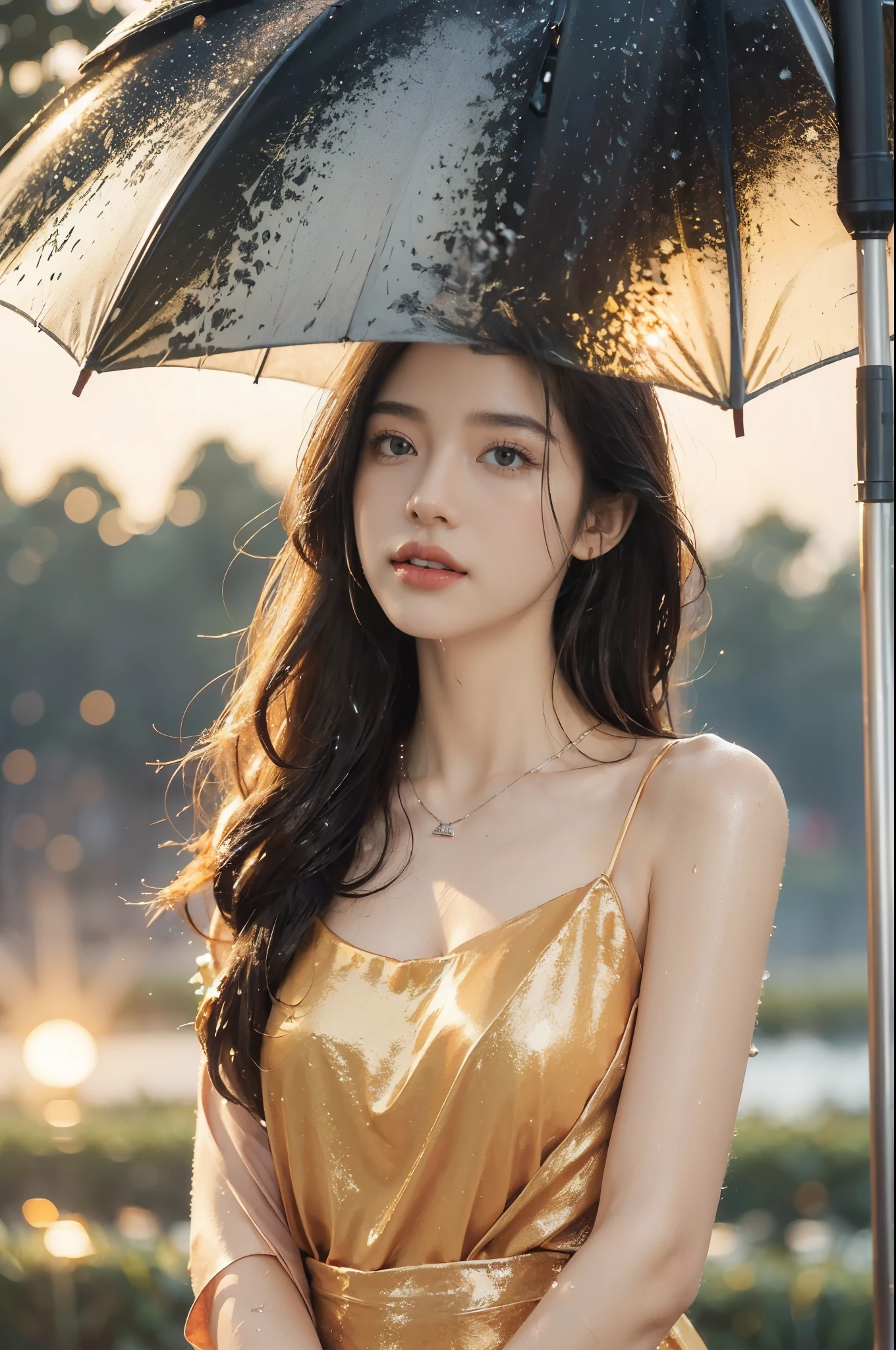 (((best quality))),(((ultra detailed))),(((masterpiece))),illustration,1 beautiful girl,solo,slim,thin,flat chest,shoulder length straight bob hair,flowing hair,fair skin,(shiny skin:1.3),sparkling eyes,cherry-red shirt-dress,delicate silver necklace,grass,dewdropletts,trees,bird chirping,(shimmering shadows:1.3),serenity,gratitude,awe,wonders of nature,peace,contentment,magnificent world,summer,(sunrise:1.5),(pitch-dark dawn:1.5),upper body,from front,(after rain:1.3),(wet:1.3),standing,(holding an umbrella)