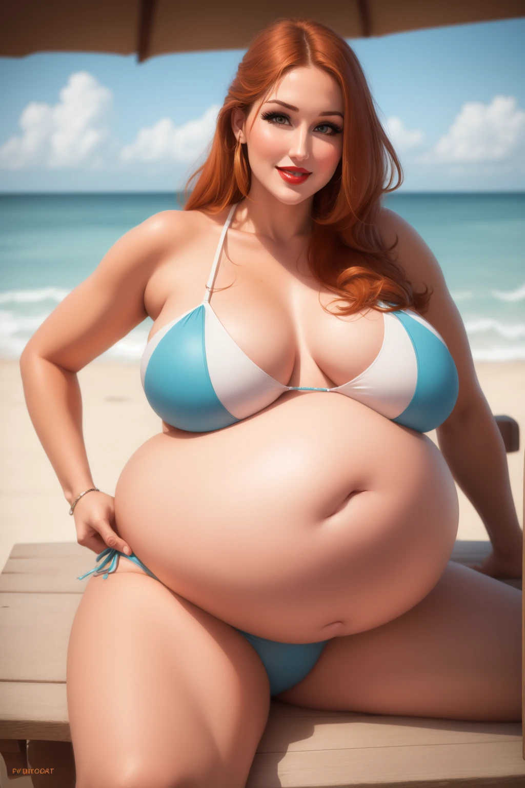Lucy Pinder, portrait, face portrait, smiling, voluptuous, overweight, fat, obese, big pregnant belly, red lips,long ginger hair, cleavage, light blue bikini, sitting.