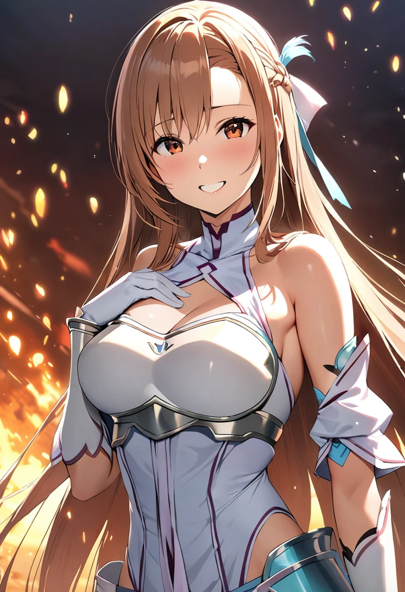 ((masterpiece)), Highest quality, Very detailed,(One Girl),Yuki Asuna、Asuna (stay), brown eyes, bare shoulders, breastplate, armor, detached sleeves, gloves, white gloves, (red and white dress), Long Hair, A radiant smile, Beautiful background ,Clothing,  chest, (((aroused))), (((in heat))), 