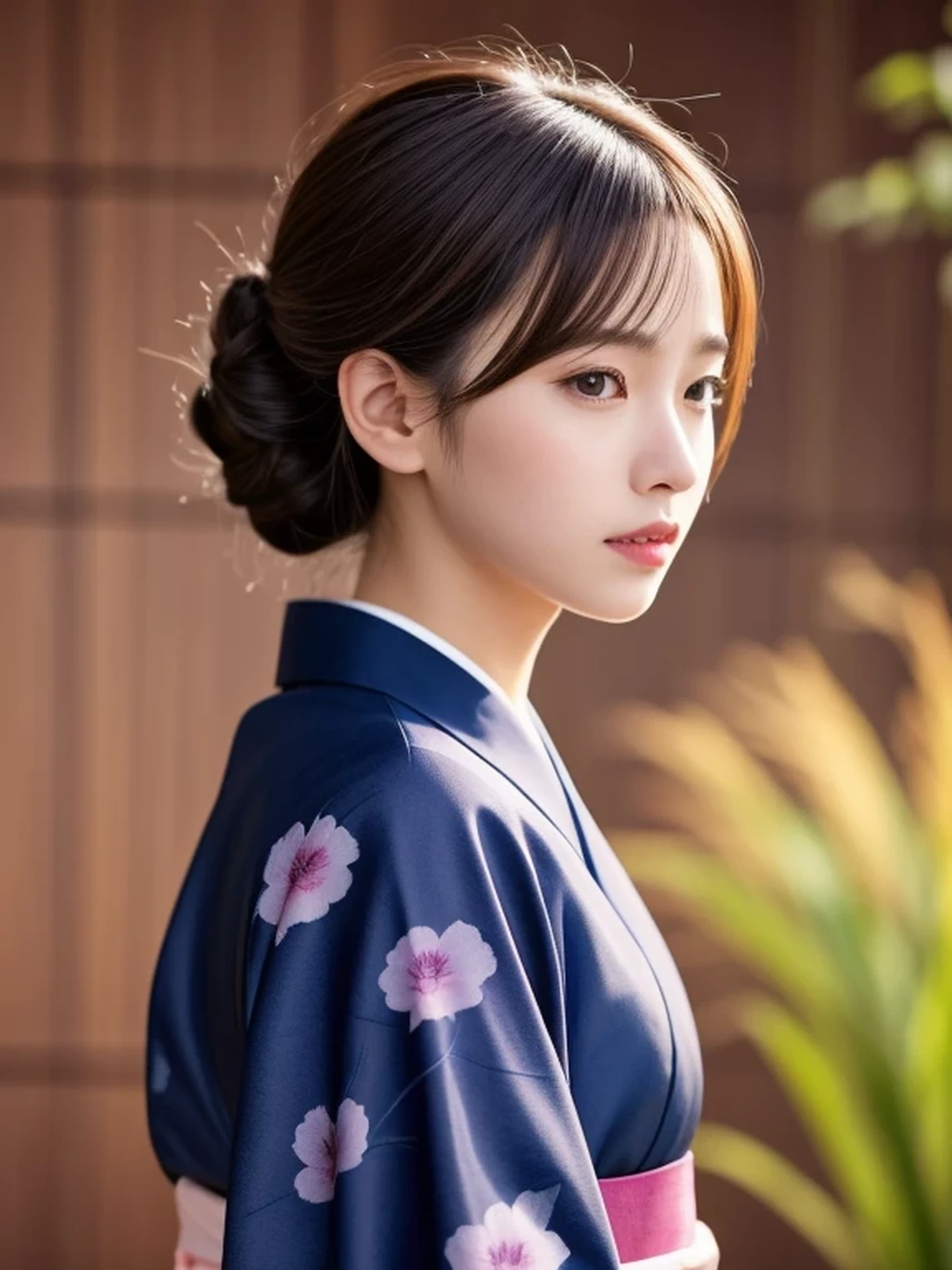 1 Japanese girl, (looking away:1.4), (upper body shot:1.2), Beautifully detailed eyeballs, catchlight in the eyes, Realistic digital painting of a woman portrait, Shy, Cute, open mouth to say something, sad, brown eyes, (half updo,:1.1), (light brown brunette hair:1.3), (Highly detailed skin:1.2), Mystical style, Global Illumination, Traditional Japanese　floral printed Kimono, A silk kimono with a deep indigo base. A garden with many blooming Iris