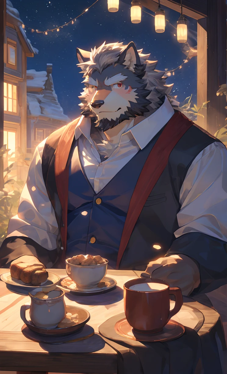 (off white),Very simple clothes，night，Gentle and smiling expression，Mature，Tall and strong，Great posture,Sitting quietly at the table by the window,(The background is a sunny and pastoral scenery.:1.2),Abdominal muscles,Honest，Farmers，完美的masterpiece,Various facial details,Close-up view,specific description,masterpiece,CG,(Red Eyes),off white色图案,off white尾巴,farmer,heroic,Wolf,off white相间的毛皮,Detailed facial details,Half Body,(barefoot）,(Long feathers),((Middle-aged uncle)),(Face Focus),(16K),HD,off white相间的腹部,Cottage,beard,(Facial lines),Heterochromia,(Gray hair),Strong,muscle,(high resolution:1.3),(Thousands of lights outside the window)，Facing the camera