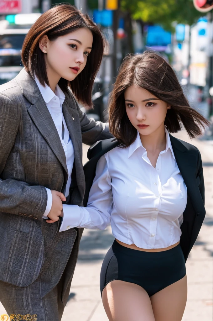 a 18 year old face of the most beautiful actress in the world, the perfect body proportions of a female, tight blazer is worn with formal shirt on female upper body, the perfect shaped of female breasts, shirt skirt is worn with panties on female lower body, panties between bare legs under short skirt are seen just a little, sexy crotch of a female, the short hair cut of a female is just like male one, standing, at the city street, one female, nsfw, best quality, highly detailed, masterpiece, ultra high res, photo realistic, 8k