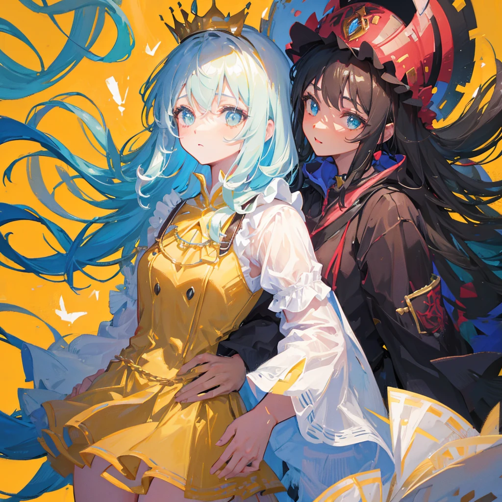 A princess and a prince,Two people wearing crowns,Wear gorgeous clothes,Red Tone,((Pure yellow background))