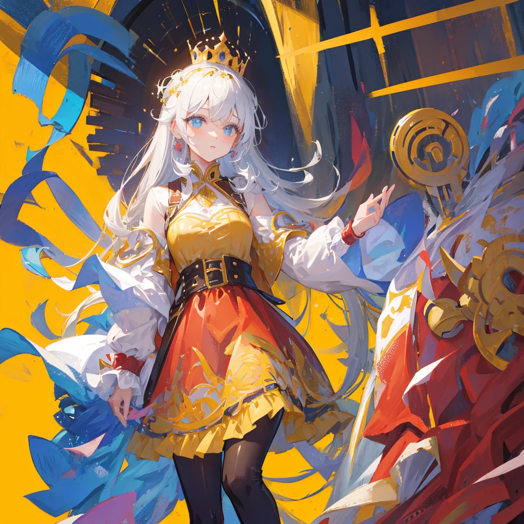 A princess and a prince,Two people wearing crowns,Wear gorgeous clothes,Red Tone,((Pure yellow background))