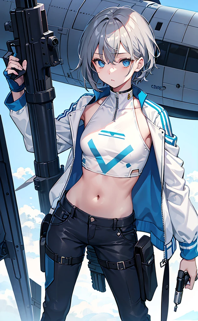 Girl,Tomboy,Dark gray hair,Blue Eyes,White jacket and blue short-sleeved top,Lower body trousers,Technology,flat chest,Holding a gun,Airplane anthropomorphism,whole body。