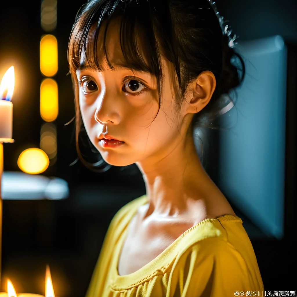 Dark Room, White candle flame on white cake, Sad face, , Tragic, Ultra HD、128k、Masterpiece、A kindergarten girl、 clavicle, RAW Photo、A girl with big eyes wearing light yellow clothes、Long face, Professional Lighting、Japanese anime style, I'm about to cry, Holding back tears