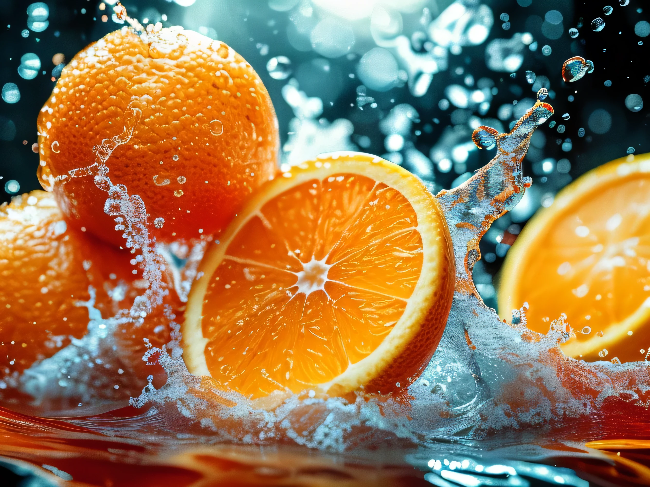 Real photography of 3 oranges falling into water and splashing with water droplets. Commercial advertising style, macro shot, background, warm lighting, cool colors creating splash effect. The cherry is dotted with white light spots, and the cherry falls from above, forming a splashing liquid water ball. HD photography quality.