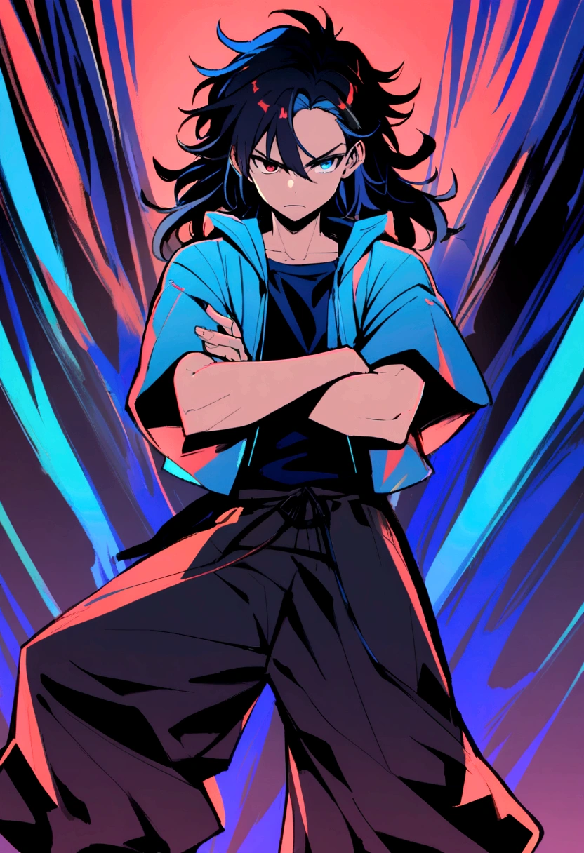 Teenage boy, Messy hair, Medium length hair, black hair with blue highlights, dark brown and blue eyes heterochromia, serious face, dark blue shirt short-sleeved loose jacket, black and very wide pants, red and black sneakers, crossed arms
