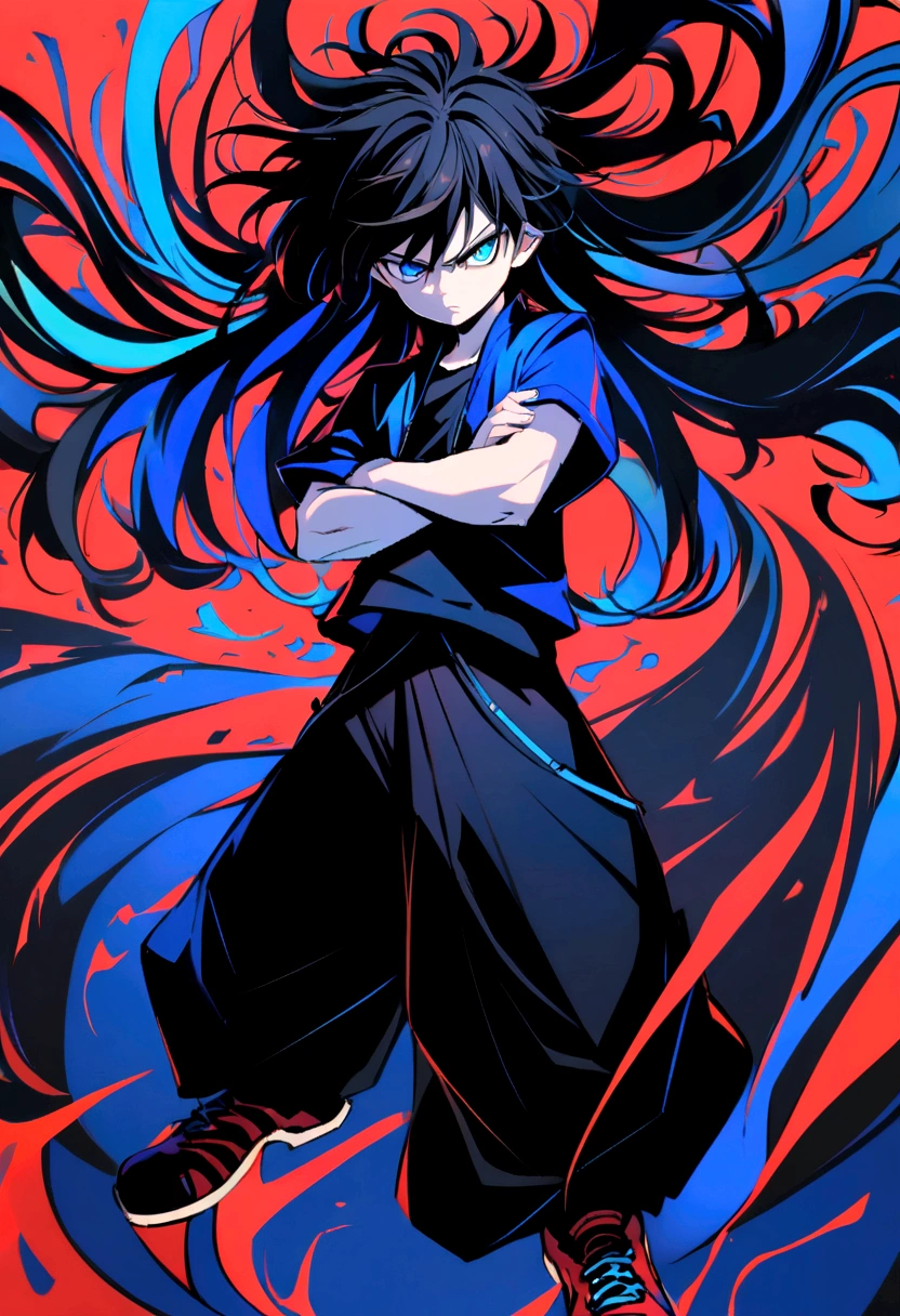 Teenage boy, Messy hair, Medium length hair, black hair with blue highlights, dark brown and blue eyes heterochromia, serious face, dark blue shirt short-sleeved loose jacket, black and very wide pants, red and black sneakers, crossed arms