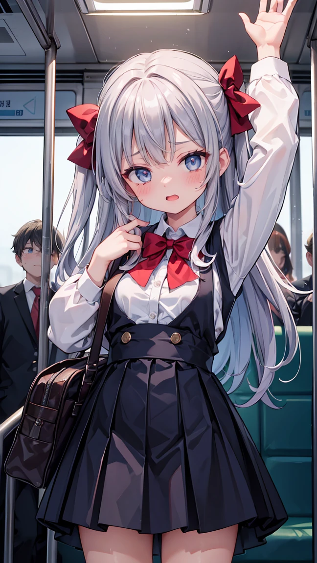 Crowded train、One pretty woman、Many passengers、Best image quality、High resolution、masterpiece、super high quality、Lori、Girl ,Silver Hair, Bright Blue Eyes, Mid-chest,Red bow tie, Dark blue pleated skirt, Long sleeve shirt, Dark Blue Vest、Blushing、4K quality、Reached orgasm、Heavy breathing、From directly below、From directly below、1 personの女の子, Raise your arms, 1 person, {{Molester}}, Inside the train, Crowded, Crying face、{{{{Clothes are taken off}}}}、(1 Girl)++, (masterpiece)+++, (Highest quality)+++, (Super cute)+++, , (Roll up your shirt), ,Crowded train, (Many men standing behind a girl )++, Dynamic pose, Dynamic hand movements, (Grab your chest)+++, ((Molester))