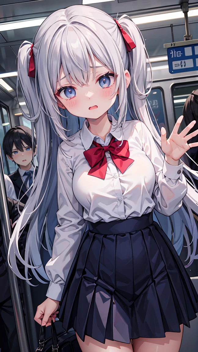 Crowded train、One pretty woman、Many passengers、Best image quality、High resolution、masterpiece、super high quality、Lori、Girl ,Silver Hair, Bright Blue Eyes, Mid-chest,Red bow tie, Dark blue pleated skirt, Long sleeve shirt, Dark Blue Vest、Blushing、4K quality、Reached orgasm、Heavy breathing、From directly below、From directly below、1 personの女の子, Raise your arms, 1 person, {{Molester}}, Inside the train, Crowded, Crying face、{{{{Clothes are taken off}}}}、(1 Girl)++, (masterpiece)+++, (Highest quality)+++, (Super cute)+++, , (Roll up your shirt), ,Crowded train, (Many men standing behind a girl )++, Dynamic pose, Dynamic hand movements, (Grab your chest)+++, ((Molester))