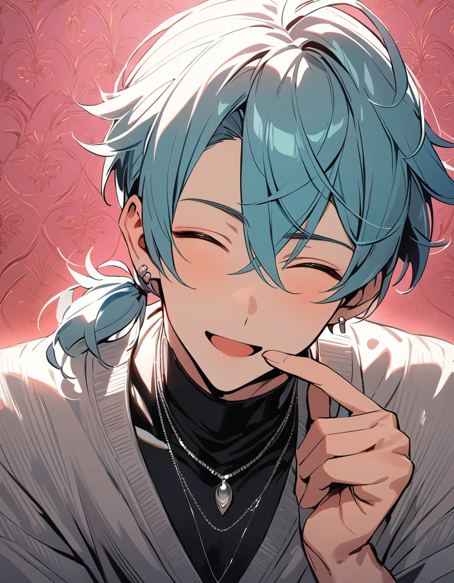 ((((best masterpiece, best quality, wallpaper,)))) solo, guy, male body, small muscles, flat chest, 1male, 30 years old, handsome man, dramatic angle, upper body, looking at viewers, beautiful detailed, finger to mouth, mediumturquoise hair, ((((Lower short ponytail)))), asymmetrical bangs, ((short hair,)) light smile, ((( closed eyes, ^o^, tareme, droopy eyes,))) perfect face, extremely closed eyes, perfect hands, sharp nose, seductive smile, clear face, black turtleneck, grey cardigan, ((silver piercing, simple silver necklace,)) leggings, pink background color ultrasharp, 8K, masterpiece,