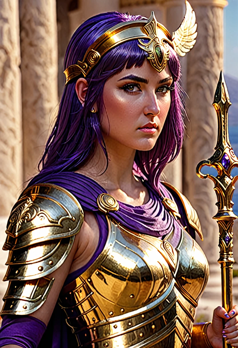 Athena, greek goddes, powerfull, purple hair, Golden armour, holding a scepter, realistic, very detailed, 4K