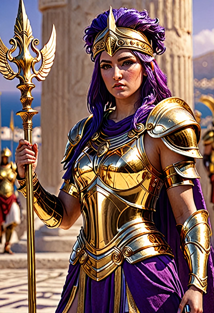 Athena, greek goddes, powerfull, purple hair, Golden armour, holding a scepter, realistic, very detailed, 4K
