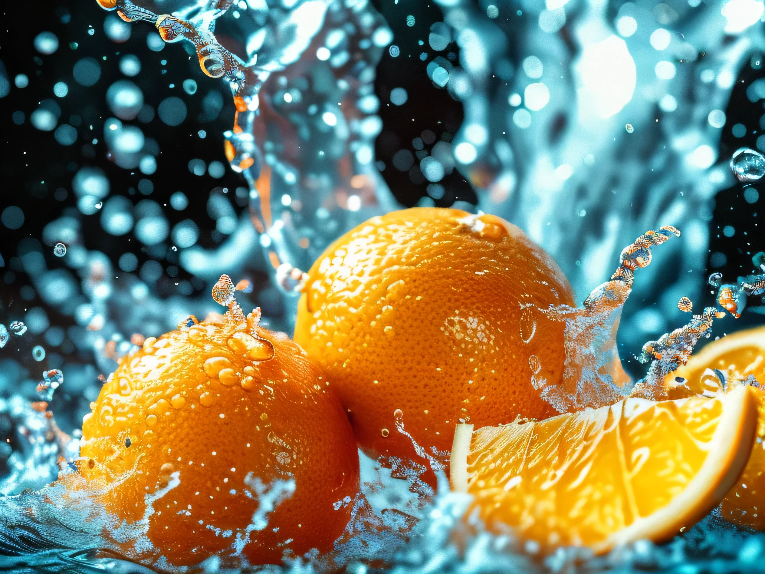 Real photography of 3 oranges falling into water and splashing with water droplets. Commercial advertising style, macro shot, background, warm lighting, cool colors creating splash effect. The cherry is dotted with white light spots, and the cherry falls from above, forming a splashing liquid water ball. HD photography quality.