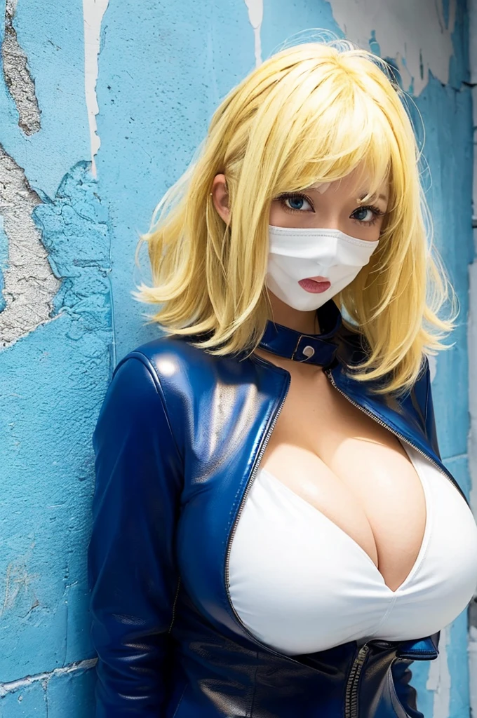 (cute girl :1.3),(huge big boobs:1.3) ,(beautiful glamour body:1.4),(blue leather fit garment :1.3),(white dirty wall all :1.3),(blond messy medium hair:1.5),(cleavage:1.3)