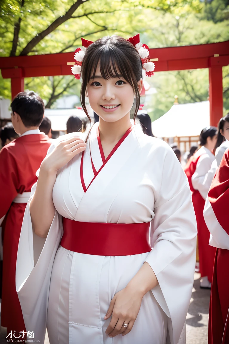 (Highest quality、In 8K、Masseter muscle area、Delicate illustrations)、Beautiful Japanese Shrine Maiden(A kind smile)、(Plump body 1.1)、((White kimono and red hakama)1.1)、Japanese shrines are crowded with people during the New Year.々Bustling with、Full body shot to the toes、Slightly large but firm round breasts、