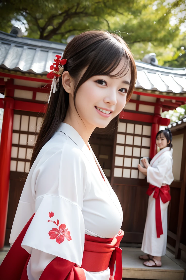 （Highest quality、In 8K、Masseter muscle area、Delicate illustrations）、Beautiful Japanese Shrine Maiden（A kind smile）、（Plump body 1.1）、（（White kimono and red hakama）1.1）、Japanese shrines are crowded with people during the New Year.々Bustling with、Full body shot to the toes、Slightly large but firm round breasts、