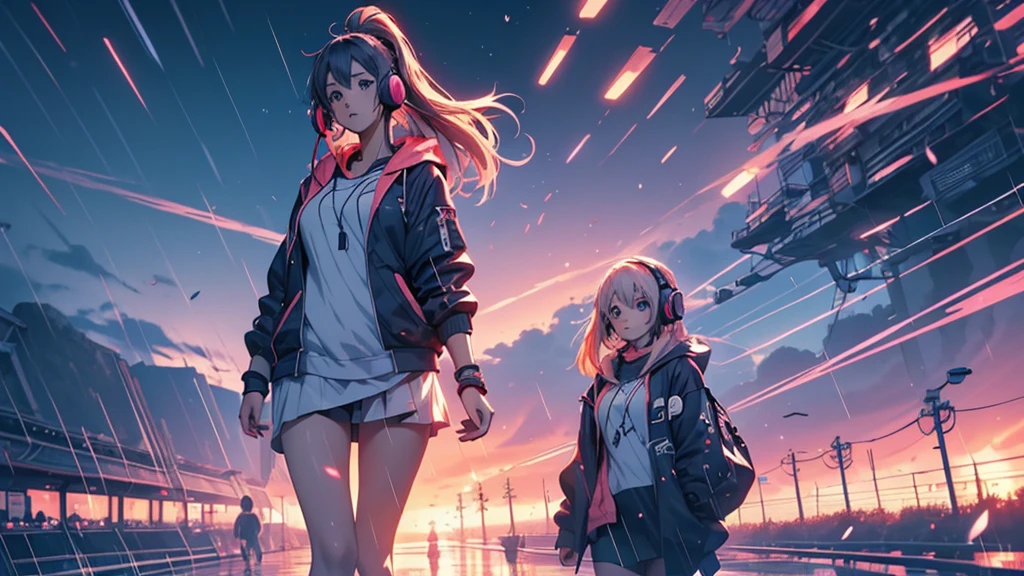 Woman wearing headphones, Anime Style 4 k, anime wallpaper 4k, anime wallpaper 4k, 4k anime wallpaper, anime art wallpaper 4k, anime art wallpaper 4k, Anime Style. 8K, Anime atmosphere, , Ultra HD Anime Wallpaper, Anime Art Wallpaper 8K, Anime Background,landscape、far away、music、rain