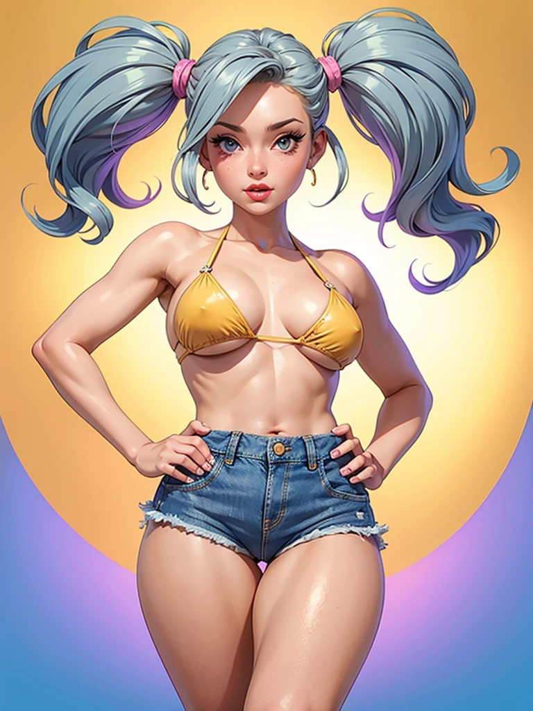 (high quality, best rendering), (beautiful girl), gray hair(bombshell, style pin-up), a psychopath, crazy face, sexy pose, denim short shorts, mother, pastel, centered, scale to size, Micro thongs, micro BIKINI, camel toe