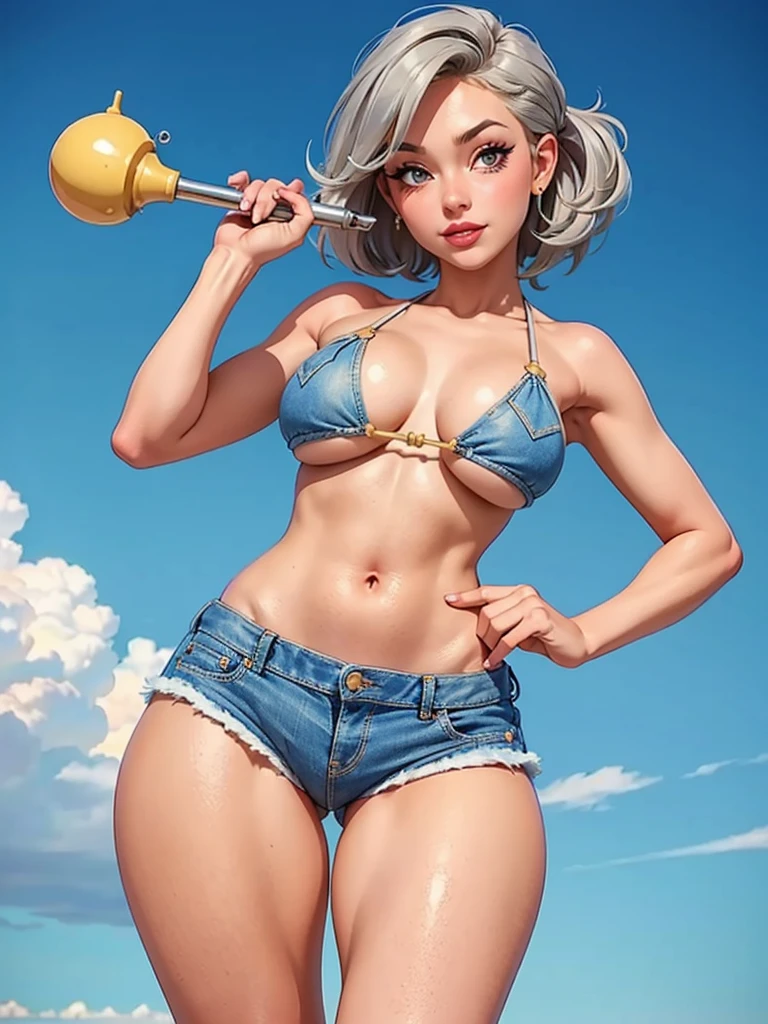 (high quality, best rendering), (beautiful girl), gray hair(bombshell, style pin-up), a psychopath, crazy face, sexy pose, denim short shorts, mother, pastel, centered, scale to size, Micro thongs, micro BIKINI, camel toe