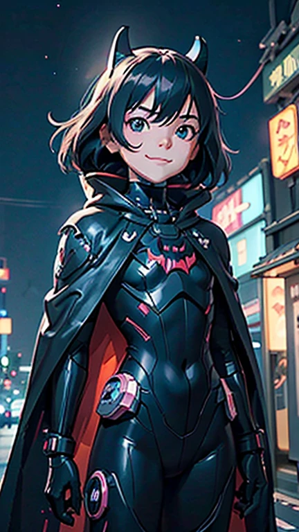 (8k),(masterpiece),(Japanese),(***************),((innocent look)),((Petit)),From the front,smile,cute,Innocent,Kind eyes,flat chest, Slender, Cyberpunk Batman costume, Black Cape, Black Helmet, Black Domino Mask,semi-long,Hair covered inside helmet,Black Hair,strong wind,midnight,dark,neon light futuristic city