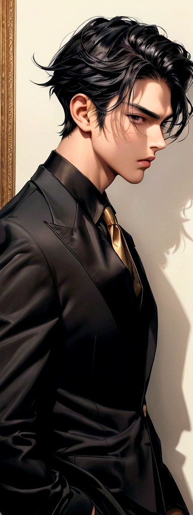(masterpiece best qualtiy AI art, high qualtiy digital art) 1boy, tall, stronger, black hair, handsome face, charming face, fresh face, detail face, cute lips, Sharp eyes, thick neck, pointed chin, prince suit, ignore face, Badass, no tattoos, potrait, looking at view, golden frame wall background 