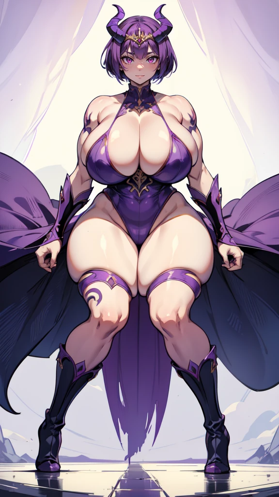 (masterpiece), best quality, expressive eyes, perfect face, demon girl, huge girl, female muscular:1.2, big horns, massive breast:1, curvy:1.4, tiara, short hair, naked, nude, barefeet, evil smile, ((blank background)), (full body framing), (thick thighs:1.4), (long legs:1.4), amazon body, toeless boots, tattoo,   purple skin, red eyes, (purple skin tone )