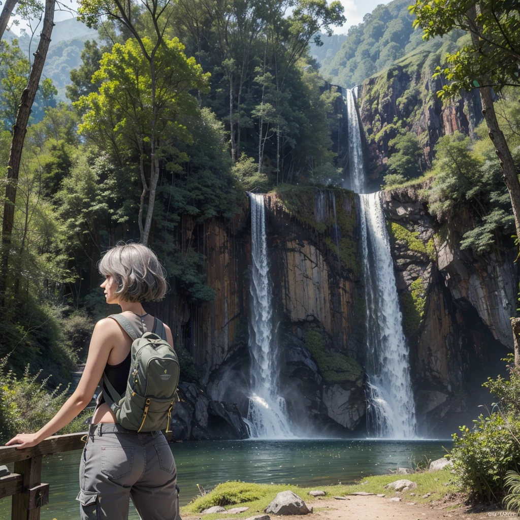 ((masterpiece)), ((best quality)), (ultra-detailed), ((extremely detailed)), 4K, (8K), best quality, a woman, (( gray hair)), ((curly bob cut)), hair in 7 thirds, 20 years old, ((wavy hair)), ((1girl, solo))
In the woods, hiking, white tank top, moss green cargo pants, ((carrying a climbing backpack)), huge trees, beautiful scenery, huge waterfall, divine, climbing shoes, standing, from behind, back view, ((EXTREME long shot))