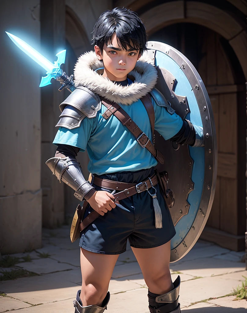 Young 13-year-old boy with black hair and brown eyes, innocent and happy, dressed in short neon-blue medieval barbarian clothes, fur shorts, light-blue battle armor, weilding silver sword and shield, sandals; fullbody; short hair, boyish athletic, sexy,