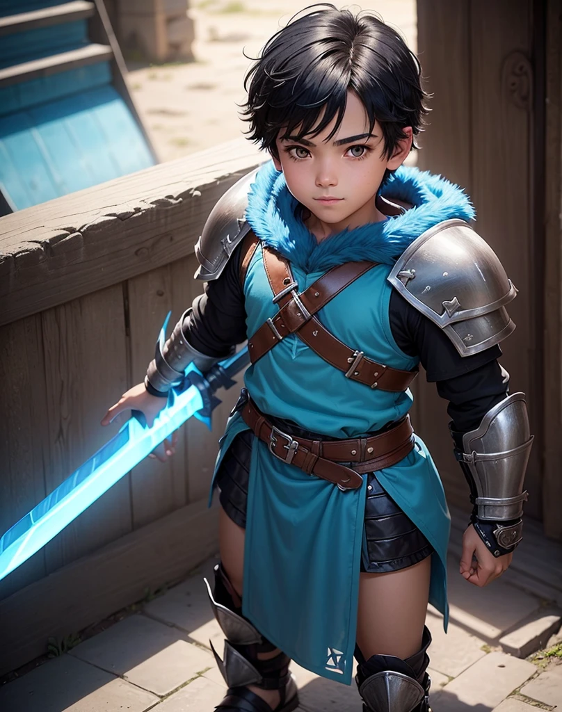 Young 13-year-old boy with black hair and brown eyes, innocent and happy, dressed in short neon-blue medieval barbarian clothes, fur shorts, light-blue battle armor, weilding silver sword and shield, sandals; fullbody; short hair, boyish athletic, sexy,