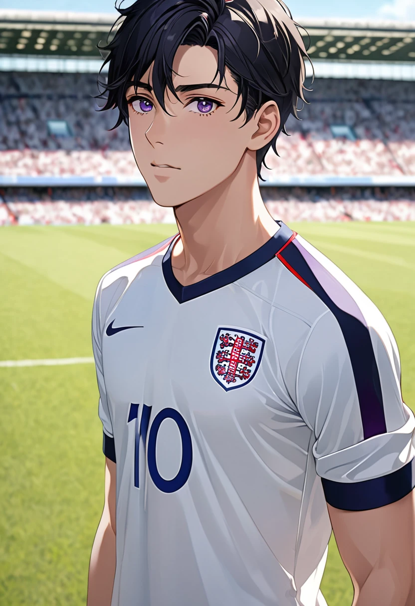 Top quality, masterpiece, high resolution, 17 years old boy, wearing an england football jersey, short, straight, and black hair, hazel right eye, purple left eye, small muscular, field background