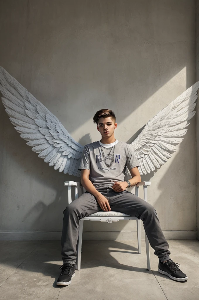 create realistic image A 18 year old boy is sitting on a king chair with white wings and behind him the color of the wall is gray on which "Arup" is written in curve style