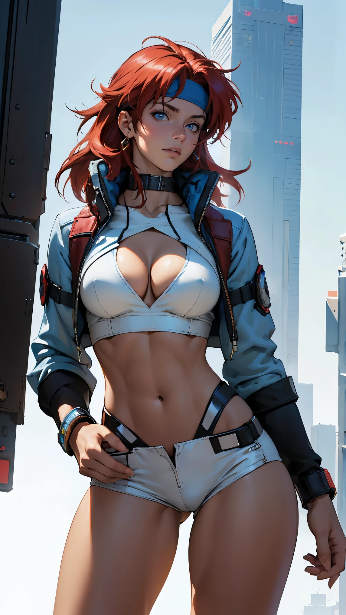 ((Masterpiece, highest quality; 1.3)), super quality, beautiful detail, super detailed, extra fine, 16K, exquisite, absurd, high resolution, beautiful background, detailed background, beautiful eyes, beautiful skin, anime style, Kay from Dirty Pair in a white outfit, tight outfit, cleavage, bushy redhead beauty, very light blue uniform, wearing tight clothes, skimpy, (mid chest: 1.2), cleavage, cleavage, slim waist , thin waist, slim thighs, thin legs, slim legs. thigh gap, showing stomach, skinny, thin hips, cyberpunk city background, holding retro space gun , headband, 