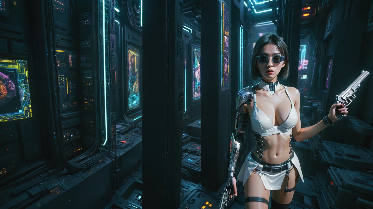 Cyberpunk female plagiarist immersed in digital theft, neon-lit alias within a vast online labyrinth, grotesque grunge brushing into surrealism, illuminated by kaleidoscopic volumetric light, a detailed masterpiece reminiscent of Moebius' distinctive style, deep focus, heightened depth field, psychedelic undertones amplified in a cinematic shot, (((((aerial view of cyberpunk city at night))))), (((((1girl, solo, alone))))), photo realistic, (((((large-breast:1.4 slim body, cleavage:1.4))))), (((off broken mini sling-shirt and black sling bra, (((extreamly short white pleated miniskirt, micro panty)))))), (((((running pose))))), (((((((matrix style black micro sunglasses))))))), ((((((((((aiming with a short gun)))))))))), (((((looking at camera))))), (((very low view))), (((((half-body thigh level medium shot))))), (((cinematic lighting))).